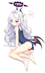 Rule 34 | 1girl, ass, bare arms, bare legs, bare shoulders, barefoot, bat wings, blue archive, blue one-piece swimsuit, blush, breasts, commentary request, full body, hair ornament, hairclip, halo, highres, hina (blue archive), hina (swimsuit) (blue archive), horns, long hair, looking at viewer, low wings, one-piece swimsuit, one side up, parted bangs, purple eyes, simple background, sitting, small breasts, solo, spoken blush, swimsuit, wavy hair, white background, white hair, wings, yamasan, yokozuwari