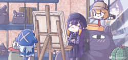 Rule 34 | 3girls, black dress, blonde hair, blunt bangs, cactus, canvas (object), chibi, closed eyes, crossed arms, dress, easel, english text, fang, fins, fish tail, from behind, gawr gura, hat, hololive, hololive english, jar, long hair, monja (monja0521), monster girl, multiple girls, necktie, ninomae ina&#039;nis, ninomae ina&#039;nis (casual), outstretched arms, portrait (object), purple eyes, purple hair, red necktie, saliva, scylla, shark girl, shark tail, smile, solid circle eyes, standing, tail, takodachi (ninomae ina&#039;nis), twitter username, virtual youtuber, watson amelia, white hair