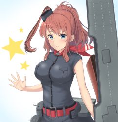Rule 34 | 10s, 1girl, arm at side, belt, black dress, blue eyes, breast pocket, breasts, brown hair, dress, flight deck, hair between eyes, hair ornament, impossible clothes, kantai collection, large breasts, long hair, looking at viewer, monoku, neckerchief, outstretched hand, pocket, ponytail, red neckerchief, saratoga (kancolle), side ponytail, sidelocks, smile, smokestack, solo, turret