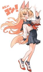 Rule 34 | 1girl, animal ears, arm at side, blonde hair, blue sailor collar, blue skirt, brown eyes, commentary request, fang, floating hair, fox ears, fox girl, fox shadow puppet, fox tail, full body, grey socks, half updo, hand up, highres, kasa (hitori sanka), long sleeves, looking at viewer, neckerchief, one eye closed, open mouth, original, pleated skirt, red neckerchief, sailor collar, school uniform, serafuku, shirt, shoes, simple background, skirt, smile, socks, solo, sparkle, tail, thick eyebrows, translated, uwabaki, white background, white shirt