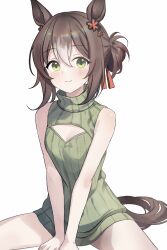 Rule 34 | 1girl, animal ears, bare arms, bare shoulders, blush, breasts, brown hair, brown tail, chinese commentary, cleavage, cleavage cutout, closed mouth, clothing cutout, commentary request, cowboy shot, ear ornament, fine motion (umamusume), gradient hair, green eyes, green sweater, hair between eyes, hair ornament, hair ribbon, highres, horse ears, horse girl, horse tail, looking at viewer, multicolored hair, procreate (medium), red ribbon, ribbon, short hair, simple background, sitting, sleeveless, sleeveless sweater, small breasts, smile, solo, streaked hair, sweater, tail, turtleneck, turtleneck sweater, umamusume, v arms, white background, white hair, zeniaguan