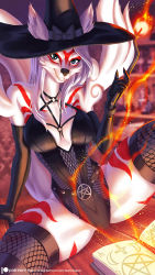 Rule 34 | 1girl, alanscampos, amaterasu (ookami), blue eyes, bodice, body markings, book, breasts, cleavage, furry, furry female, grimoire, grin, halloween costume, hat, highres, looking at viewer, medium breasts, ookami (game), pentagram, smile, snout, solo, tail, wand, witch hat, wolf girl
