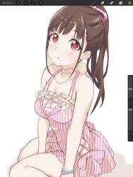 Rule 34 | 1girl, bare shoulders, blush, bracelet, breasts, brown hair, choker, cleavage, collarbone, cross-laced clothes, dress, earrings, hair ribbon, high ponytail, idolmaster, idolmaster shiny colors, jewelry, long hair, looking at viewer, medium breasts, misekai 555, open mouth, pink dress, pink ribbon, red eyes, ribbon, sidelocks, simple background, sitting, solo, sonoda chiyoko, striped clothes, striped dress, thighs, white background