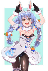 Rule 34 | 1girl, :d, absurdres, animal ear fluff, animal ears, armpits, arms up, bare shoulders, black bra, black gloves, black pantyhose, blue background, blue hair, blush, border, bow, bra, braid, breasts, bridal garter, carrot, carrot hair ornament, detached sleeves, food-themed hair ornament, fur-trimmed gloves, fur collar, fur trim, gloves, gluteal fold, hair bow, hair ornament, highres, hololive, karahai (31448823), long hair, looking at viewer, multicolored hair, open mouth, outside border, pantyhose, rabbit-shaped pupils, rabbit ears, rabbit girl, rabbit tail, red eyes, round teeth, short eyebrows, short sleeves, simple background, small breasts, smile, solo, strapless, strapless bra, symbol-shaped pupils, tail, teeth, thick eyebrows, thigh strap, twin braids, two-tone hair, underwear, upper teeth only, usada pekora, usada pekora (1st costume), virtual youtuber, white border, white bow, white hair
