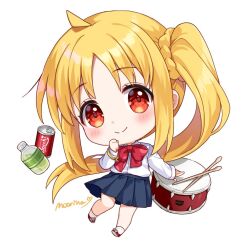 Rule 34 | 1girl, ahoge, artist name, blonde hair, blue skirt, blush, bocchi the rock!, bottle, bow, bowtie, bracelet, braid, can, chibi, closed mouth, collared shirt, commentary request, drink can, drum, drumsticks, eyelashes, floating hair, full body, hand up, ijichi nijika, instrument, jewelry, long hair, long sleeves, looking at viewer, moorina, parted bangs, pleated skirt, red bow, red bowtie, red eyes, red footwear, school uniform, shimokitazawa high school uniform, shirt, shirt tucked in, shoes, side ponytail, sidelocks, signature, simple background, skirt, smile, socks, soda can, solo, split mouth, very long hair, white background, white shirt, white socks