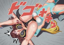 Rule 34 | 2girls, ass, black panties, blonde hair, breasts, brown eyes, brown hair, capcom, chun-li, cleavage, cleavage cutout, clothing cutout, large breasts, long hair, multiple girls, open mouth, panties, rainbow mika, street fighter, tan, tanline, tongue, tongue out, twintails, underwear