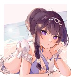 1girl bare_shoulders bikini blue_bikini braid breasts cleavage closed_mouth commentary hair_bun highres honkai_(series) honkai_impact_3rd long_hair looking_at_viewer lying medium_breasts mofumanju on_stomach purple_eyes purple_hair raiden_mei single_braid smile solo swimsuit upper_body