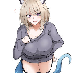 Rule 34 | 1girl, :d, animal ears, arknights, blonde hair, blush, breasts, cleavage, clothes pull, collarbone, cowboy shot, fang, grey shirt, hair ornament, hairclip, heart, highres, large breasts, long sleeves, maiq06, open mouth, parted bangs, purple eyes, shirt, shirt pull, simple background, skin fang, smile, solo, tail, thighhighs, thighs, utage (arknights), white background, x hair ornament, zettai ryouiki