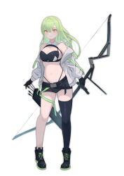 Rule 34 | 1girl, absurdres, bare shoulders, black footwear, black shorts, black thighhighs, boots, bow (weapon), breasts, cleavage, commentary request, crop top, green hair, highres, holding, holding bow (weapon), holding weapon, jacket, large breasts, midriff, navel, off shoulder, open clothes, open jacket, original, pige pig, short shorts, shorts, simple background, single thighhigh, solo, stomach, thighhighs, thighs, weapon, white background, white jacket, yellow eyes