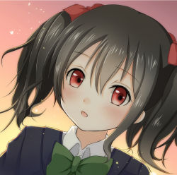Rule 34 | 10s, 1girl, backlighting, black hair, blush, bow, bowtie, buttons, collared shirt, dutch angle, gradient background, green bow, green bowtie, hair between eyes, hair bow, kotomiracle, looking at viewer, love live!, love live! school idol project, open mouth, red bow, red eyes, school uniform, shirt, short hair, solo, sunset, twintails, white shirt, yazawa nico