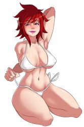 Rule 34 | 1girl, absurdres, arm behind head, armpits, bikini, blush, breasts, curvy, highres, kneeling, large breasts, legs, lipstick, looking at viewer, makeup, navel, original, pink lips, pointy ears, red eyes, red hair, short hair, smile, solo, sweat, swimsuit, the accel, thick thighs, thighs, white bikini