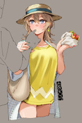 Rule 34 | 1boy, 1girl, admiral (kancolle), aqua nails, blonde hair, blue eyes, blush, breasts, coat, dress, earrings, ergot, finger in own mouth, food, grey background, hair between eyes, hat, hetero, highres, holding, holding food, jewelry, kantai collection, long hair, medium breasts, nail polish, official alternate costume, short dress, signature, simple background, sweat, tuscaloosa (kancolle), white coat, yellow dress