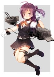 Rule 34 | 10s, 1girl, ahoge, black footwear, black skirt, black vest, blouse, blush, buttons, chain, collar, full body, gloves, grey background, hagikaze (kancolle), highres, kantai collection, kneehighs, loafers, looking at viewer, machinery, miyabi (miyabi), neck ribbon, one side up, partially unbuttoned, pleated skirt, purple eyes, purple hair, red ribbon, ribbon, shirt, shoes, short sleeves, side ponytail, simple background, skirt, socks, solo, thigh strap, turret, uniform, vest, white gloves, white shirt, wrist cuffs