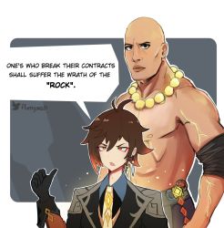 Rule 34 | 2boys, ahoge, bald, beads, brown eyes, brown hair, commentary, crossover, earrings, english commentary, english text, eyeliner, eyeshadow, formal, genshin impact, gradient hair, height difference, highres, jewelry, makeup, multicolored hair, multiple boys, muscular, muscular male, open mouth, pointing, pointing at another, prayer beads, red eyeshadow, rumi (rumigawa31), single earring, suit, tassel, tassel earrings, the rock (dwayne johnson), trait connection, twitter username, wwe, zhongli (genshin impact)