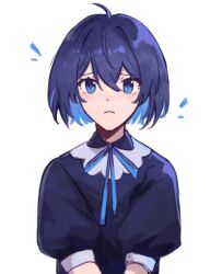 Rule 34 | 0wqquq, 1girl, black dress, blue eyes, blue hair, blue ribbon, blush, closed mouth, commentary request, dress, hair between eyes, honkai (series), honkai impact 3rd, looking at viewer, neck ribbon, puffy short sleeves, puffy sleeves, ribbon, russian commentary, seele vollerei, short hair, short sleeves, simple background, solo, upper body, v arms, white background