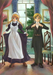 Rule 34 | 1boy, 1girl, adjusting clothes, apron, aqua eyes, blonde hair, bow, bowtie, braid, chair, clothes lift, curtains, expressionless, formal, genshi, indoors, interior, long hair, looking at viewer, maid, maid apron, maid headdress, open mouth, original, pants, photo (object), room, servant, short hair, skirt, skirt lift, suit, tuxedo, twin braids, window