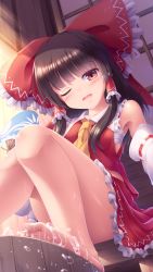 Rule 34 | 1girl, bare legs, bare shoulders, barefoot, black hair, blunt bangs, bow, brown eyes, chest sarashi, commentary request, detached sleeves, feet, frilled bow, frilled skirt, frills, hair bow, hair tubes, hakurei reimu, hand fan, highres, large bow, long hair, looking at viewer, lzh, one eye closed, open mouth, paper fan, red bow, red skirt, red vest, sarashi, shouji, sitting, skirt, sliding doors, solo, sweat, toes, touhou, uchiwa, vest, water