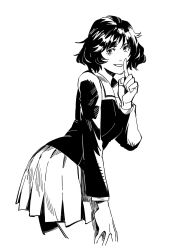 Rule 34 | 1girl, character request, contrapposto, cowboy shot, finger to mouth, from side, girls und panzer, greyscale, hand up, highres, index finger raised, jacket, long sleeves, looking at viewer, monochrome, parted lips, ruukii drift, short hair, shushing, simple background, smile, solo, standing, white background