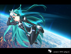 Rule 34 | 1girl, bodysuit, colorized, eto, gloves, green eyes, green hair, hatsune miku, long hair, matching hair/eyes, plugin (vocaloid), project diva, project diva (series), smile, solo, thighhighs, twintails, very long hair, vocaloid, white gloves