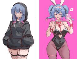 Rule 34 | 1girl, animal ears, bare shoulders, black hoodie, black leotard, black pantyhose, black ribbon, blue eyes, blue hair, bow, bowtie, breasts, clothing cutout, covered navel, cutout above navel, detached collar, fake animal ears, fishnet thighhighs, fishnets, garter straps, hair ornament, hair ribbon, hairband, hands in pocket, hatsune miku, heart, heart-shaped pupils, heart cutout, highleg, highleg leotard, highres, hood, hood up, hoodie, large breasts, leotard, medium hair, multicolored hair, multiple views, necktie, open mouth, pantyhose, pink background, pink bow, pink bowtie, pink hair, pink necktie, pink pupils, rabbit ears, rabbit hole (vocaloid), rakeemspoon, ribbon, selfie, sketch, smile, spaghetti strap, spoken heart, streaked hair, symbol-shaped pupils, teardrop facial mark, teeth, thighhighs, twintails, two-tone hair, upper teeth only, white background, white hairband, x hair ornament