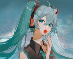 Rule 34 | 1girl, 39, ahoge, aqua necktie, bare shoulders, blue bow, blue nails, blue sky, blush, bow, candy, closed mouth, collar, commentary, eyelashes, food, frills, hair between eyes, harikoe, hatsune miku, headphones, heart, heart hands, holding, holding candy, holding food, holding lollipop, lollipop, looking at viewer, miku day, nail polish, necktie, shirt, sky, sleeveless, sleeveless shirt, solo, tie clip, upper body, vocaloid, wide sleeves