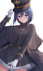 Rule 34 | 1girl, arm up, black capelet, black dress, black hat, black jacket, blue eyes, blue hair, blush, capelet, closed mouth, cosplay, dress, frilled dress, frills, gloves, hair between eyes, hand on headwear, hat, highres, inui sajuna, jacket, long sleeves, peaked cap, seungju lee, simple background, smile, solo, sono bisque doll wa koi wo suru, white background, white gloves