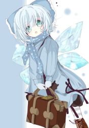 Rule 34 | 1girl, alternate costume, animal print, aqua hair, bag, black ribbon, blue bow, blue coat, bow, cat print, cirno, coat, commentary request, gloves, green eyes, hair bow, ice, ice wings, inasa orange, looking at viewer, open mouth, polka dot, ribbon, scarf, shoes, socks, solo, striped clothes, striped socks, touhou, wings