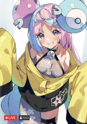 Rule 34 | 1girl, blurry, blush, breasts, character hair ornament, collarbone, commentary request, creatures (company), game freak, green hair, grey shirt, grin, hair ornament, hands up, highres, iono (pokemon), jacket, livestream, long hair, medium breasts, nintendo, pink hair, pokemon, pokemon sv, sharp teeth, shirt, single leg pantyhose, sleeveless, sleeveless shirt, smile, solo, star (symbol), star print, teeth, thigh strap, twintails, unacchi (nyusankin), yellow jacket