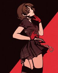 Rule 34 | 1girl, belt, black choker, black shirt, black thighhighs, braid, breasts, brown hair, chain, choker, commentary, crown braid, from side, garter straps, gloves, hand up, looking at viewer, looking to the side, medium breasts, miniskirt, moshimoshibe, niijima makoto, official alternate costume, parted lips, persona, persona 5, persona 5: dancing star night, persona dancing, plaid, plaid skirt, pleated skirt, red eyes, red gloves, shirt, short hair, short sleeves, skirt, solo, studded choker, thighhighs, thighs, two-tone background, zettai ryouiki