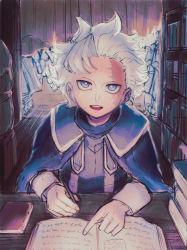 Rule 34 | 1boy, annouu ronpa, belafu (human), blue cloak, blue eyes, book, book stack, bookshelf, bright pupils, burn scar, cloak, commentary request, film grain, highres, holding, long sleeves, looking at viewer, made in abyss, male focus, open book, open mouth, pointing, scar, scar on face, sketch, smile, solo, teeth, upper teeth only, white hair, white pupils
