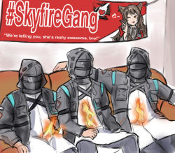 Rule 34 | 1girl, 3boys, :p, animal ears, arknights, banner, brown hair, burning, cat ears, commentary, couch, doctor (arknights), english commentary, english text, fire, hashtag, heart, id card, indoors, multiple boys, multiple persona, necktie, photo-referenced, skyfire (arknights), spoken heart, tongue, tongue out, valornomad, vertical-striped clothes, vertical-striped necktie