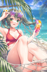 Rule 34 | 1girl, :d, alternate costume, armpits, barefoot, beach, bikini, bikini top only, blue sky, breasts, collarbone, comiket 102, commentary request, cup, dark green hair, denim, denim shorts, feet, flower, foreshortening, green eyes, hair flower, hair ornament, hammock, highres, holding, holding cup, kantai collection, long hair, looking at viewer, minakami nagara, nail polish, ocean, open mouth, outdoors, palm leaf, pink nails, red bikini, removing eyewear, shorts, sky, small breasts, smile, soles, solo, star-shaped eyewear, star (symbol), sunglasses, swimsuit, toenail polish, toenails, toes, tropical drink, twintails, zuikaku (kancolle)
