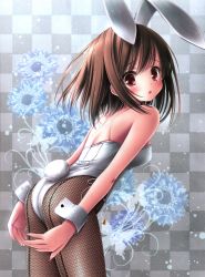 Rule 34 | 10s, 1girl, absurdres, animal ears, artist request, ass, breasts, brown hair, checkered background, fake animal ears, highres, kashii airi, open mouth, pantyhose, playboy bunny, rabbit ears, rabbit tail, red eyes, rou-kyuu-bu!, short hair, source request, tail, tears, wrist cuffs