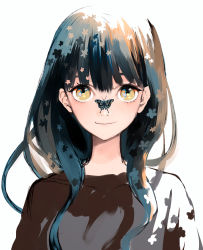 Rule 34 | 1girl, artist request, bad id, bad pixiv id, black hair, black shirt, brown eyes, bug, butterfly, butterfly on nose, flower, hair flower, hair ornament, insect, long hair, looking at viewer, original, shirt, simple background, smile, solo, upper body, white background
