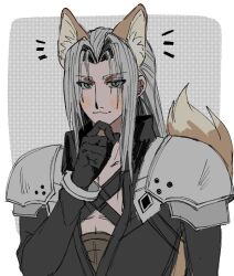 Rule 34 | 1boy, animal ears, armor, belt, black coat, black gloves, blush stickers, chest strap, coat, commentary, final fantasy, final fantasy vii, final fantasy vii remake, fox boy, fox ears, fox tail, gloves, green eyes, grey hair, hand on own chin, hand up, high collar, kemonomimi mode, long bangs, long coat, long hair, long sleeves, looking at viewer, male focus, mtr dayoo, muted color, parted bangs, pauldrons, screentones, sephiroth, shoulder armor, smirk, solo, standing, symbol-only commentary, tail, upper body