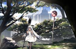 Rule 34 | 1girl, axe, battle axe, blue eyes, building, day, dress, fallen tree, floating island, grass, haru (ryosios), heterochromia, leg up, long hair, original, outdoors, over shoulder, overgrown, post-apocalypse, red eyes, road sign, rock, ryosios, sign, silver hair, sleeveless, solo, tree, very long hair, water, waterfall, weapon, weapon over shoulder, white dress