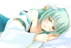 Rule 34 | 1girl, :d, bare shoulders, blurry, blush, clenched hand, collarbone, depth of field, detached sleeves, eyebrows, eyes visible through hair, fate/grand order, fate (series), fuji kakei, green hair, hair over eyes, kiyohime (fate), long hair, looking at viewer, lying, on side, open mouth, pinky out, smile, solo, white background, yellow eyes