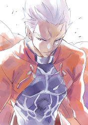 Rule 34 | 1boy, albino, archer (fate), fate/stay night, fate (series), jacket, long sleeves, looking to the side, male focus, open clothes, open jacket, red eyes, red jacket, simple background, solo, tassel, upper body, usatsuka eiji, white background, white hair