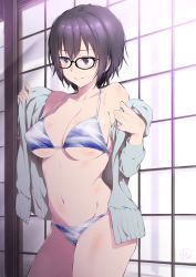 Rule 34 | 1girl, artist name, bikini, black-framed eyewear, blue bikini, blush, breasts, closed mouth, commentary request, cowboy shot, frown, glasses, groin, highres, indoors, inu (aerodog), jacket, medium breasts, navel, off shoulder, open clothes, open jacket, opened by self, original, purple eyes, purple hair, short hair, shouji, signature, sliding doors, solo, standing, swimsuit, undressing