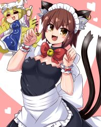 Rule 34 | 2girls, :d, alternate costume, animal ear fluff, animal ear piercing, animal ears, bell, blush stickers, bow, bowtie, breasts, brown eyes, brown hair, cat ears, cat tail, chen, cleavage, collar, commentary request, contrapposto, cowboy shot, earrings, enmaided, fang, fox tail, hands up, highres, jewelry, jingle bell, large breasts, looking at viewer, maid, medium breasts, multiple girls, multiple tails, nekomata, norori, open mouth, paw pose, pink background, puffy short sleeves, puffy sleeves, red bow, red bowtie, short hair, short sleeves, simple background, single earring, smile, solo focus, tabard, tail, thumbs up, touhou, two tails, v-shaped eyebrows, wrist cuffs, yakumo ran