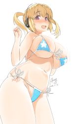 Rule 34 | 1girl, artist name, bad id, bad twitter id, bikini, blonde hair, blue bikini, blush, breasts, cleavage, dated, eyebrows, female focus, headphones, heart, heart-shaped pupils, large breasts, looking at viewer, micro bikini, navel, nitroplus, open mouth, pink eyes, plump, rkrk, shadow, shiny skin, solo, star (symbol), super pochaco, swimsuit, symbol-shaped pupils, twintails, underboob, white background