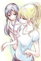 Rule 34 | 10s, 2girls, ayase eli, blonde hair, blue hair, blush, brown eyes, casual, chado, clothes writing, hand on own hip, long hair, love live!, love live! school idol project, multiple girls, open mouth, shirt, smile, sonoda umi, t-shirt