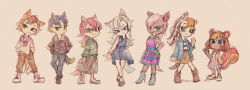 Rule 34 | 2boys, 5girls, :3, animal crossing, animal ears, aqua eyes, asymmetrical hair, bare shoulders, black eyes, black hair, blonde hair, blue dress, blue eyes, blue eyeshadow, blue footwear, blue gloves, blue hair, blue jacket, blue nails, blue pants, blue tail, boots, brown footwear, brown hair, brown jacket, brown pants, brown skirt, caroline (animal crossing), chief (animal crossing), closed mouth, colored sclera, crossed bangs, crossed legs, curly hair, dark-skinned female, dark blue hair, dark skin, dress, earrings, extra ears, eyelashes, eyeliner, eyeshadow, facial mark, fang, fang out, fingerless gloves, fingernails, freya (animal crossing), full body, gloves, green eyeliner, grey eyeshadow, grey skirt, grey tail, hair between eyes, hand up, hands in pockets, high heel boots, high heels, highres, horse ears, horse girl, horse tail, jacket, jewelry, light blue hair, long hair, long sleeves, looking at viewer, makeup, multicolored hair, multiple boys, multiple earrings, multiple girls, nail polish, nintendo, open clothes, open jacket, orange hair, orange tail, pants, personification, pink dress, pink hair, pink scarf, ponytail, purple eyes, red hair, red tail, reneigh (animal crossing), savannah (animal crossing), scarf, shirt, shoes, short hair, skirt, sleeveless, sleeveless dress, smile, socks, squirrel ears, squirrel girl, squirrel tail, standing, streaked hair, striped clothes, striped dress, striped shirt, striped socks, tail, two-tone hair, ukata, vertical-striped clothes, vertical-striped dress, watson cross, white footwear, white hair, white shirt, whitney (animal crossing), wolf boy, wolf ears, wolf girl, wolf tail, wolfgang (animal crossing), yellow sclera, zebra ears, zebra girl, zebra tail