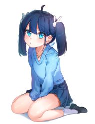 Rule 34 | 1girl, ahoge, between legs, black footwear, blue eyes, blue hair, blue skirt, blue sweater, blush, closed mouth, commentary request, full body, hair between eyes, hair ornament, hand between legs, highres, jewelry, kayo (skc08049), loafers, long sleeves, mole, mole under eye, original, pendant, pleated skirt, rabbit hair ornament, shadow, shoes, signature, sitting, skirt, socks, solo, sweater, twintails, wariza, white background, white socks