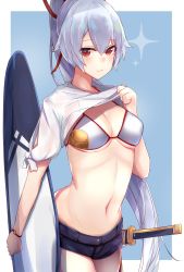 Rule 34 | 1girl, absurdres, bikini, bow, breasts, cleavage, clothes lift, collarbone, denim, denim shorts, fate/grand order, fate (series), hair between eyes, highres, holding, holding surfboard, legs, nanakaku, navel, ponytail, red bow, red eyes, see-through, sheath, sheathed, shirt, shirt lift, short shorts, shorts, silver hair, simple background, smile, solo, stomach, surfboard, swimsuit, sword, tomoe gozen (fate), underboob, weapon, white bikini, white shirt