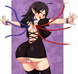 Rule 34 | 1girl, ass, asymmetrical wings, back, black hair, black thighhighs, breasts, cameltoe, covered erect nipples, fat mons, highres, houjuu nue, huge ass, large breasts, n (dai n honpo), panties, partially visible vulva, pointy breasts, pointy ears, red eyes, solo, thighhighs, touhou, underwear, white panties, wings