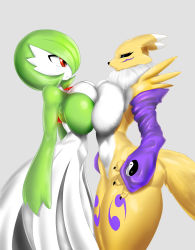 Rule 34 | 2girls, black sclera, blue eyes, breast press, breasts, closed mouth, colored sclera, creatures (company), detached sleeves, digimon, digimon (creature), from side, fur collar, furry, game freak, gardevoir, gen 3 pokemon, green hair, grey background, highres, huge breasts, looking at another, multiple girls, narrow waist, nintendo, pokemon, pokemon (creature), red eyes, renamon, shark-py, short hair, simple background, standing, symmetrical docking, tail, thick thighs, thighs