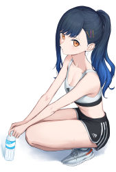 Rule 34 | 1girl, absurdres, adidas, bare shoulders, black hair, black shorts, blue hair, brand name imitation, breasts, cleavage, closed mouth, earrings, from side, full body, gradient hair, hair ornament, hairclip, highres, holding, holding water gun, jewelry, long hair, looking at viewer, midriff, multicolored hair, navel, orange eyes, parted lips, pocari sweat, ponytail, project sekai, shiraishi an, shoes, short sleeves, shorts, simple background, sjuno, small breasts, sneakers, solo, sports bra, squatting, star (symbol), star earrings, sweat, thighs, v arms, water gun, white background