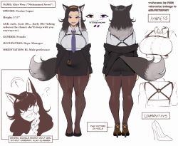 Rule 34 | 1girl, :d, animal ears, ass, black footwear, black jacket, black skirt, blush, braid, breasts, brown pantyhose, character sheet, chest harness, concept art, english text, fangs, glasses, grey hair, grey shirt, hairband, harness, heterochromia, high heels, highres, jacket, large breasts, lipstick, long hair, looking at viewer, makeup, miniskirt, multicolored hair, multiple views, necktie, nyantcha, off shoulder, office lady, open mouth, original, pantyhose, paw print, pencil skirt, purple eyes, purple necktie, red eyes, red lips, round eyewear, shirt, skirt, smile, tail, two-tone hair, wide hips, wolf ears, wolf tail