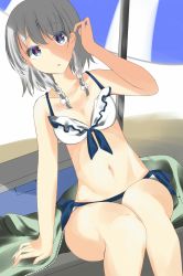 Rule 34 | 1girl, arm support, bikini, blue eyes, blue ribbon, bow, braid, breasts, cleavage, collarbone, dutch angle, frilled bikini, frilled bikini top, frills, front-tie bikini top, front-tie top, grey bikini, groin, hair bow, hand in own hair, highres, izayoi sakuya, looking at viewer, medium breasts, navel, parasol, parted lips, ribbon, short hair with long locks, silver hair, sitting, solo, swimsuit, tegral (tegral 0510), touhou, twin braids, umbrella, white bikini, white bow